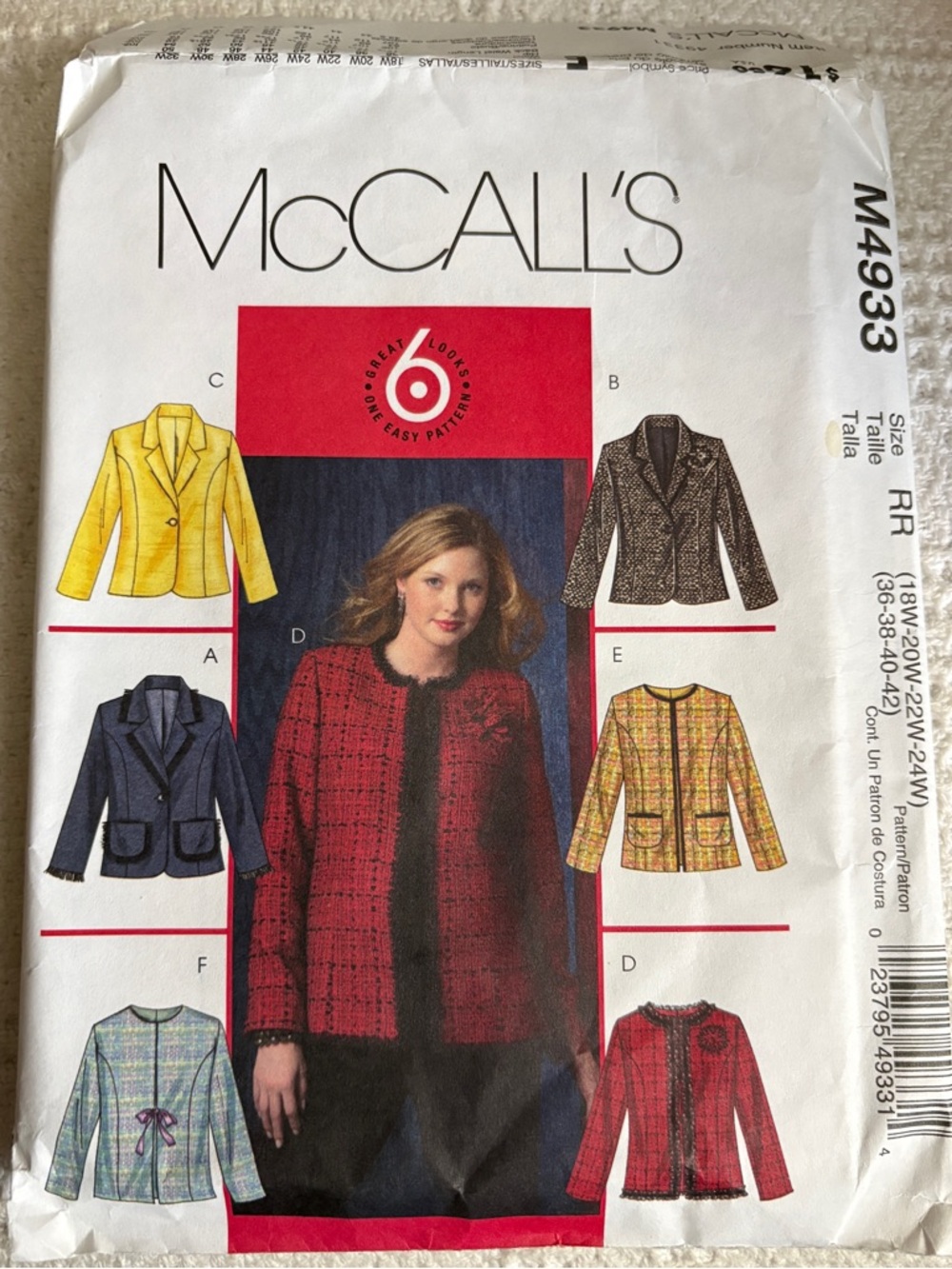 McCalls Pattern M4933 RR for Women’s Lined Jacket